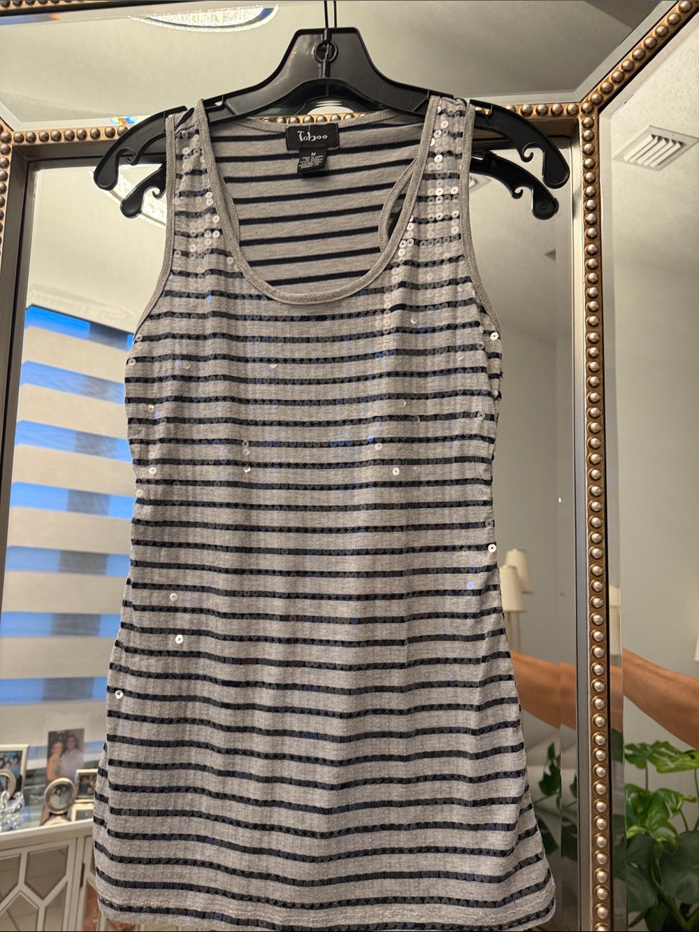 Taboo Silver & Black Striped Sequin Tank